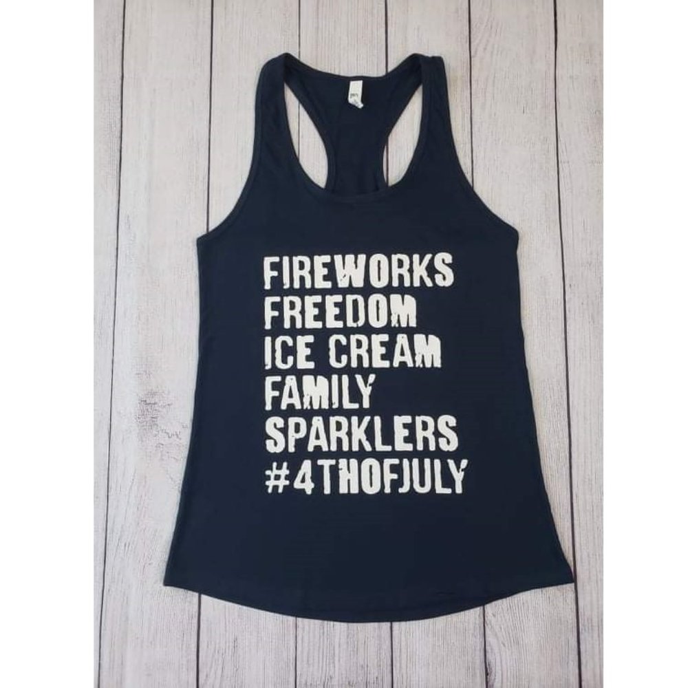 Navy Blue "Fireworks, Freedom, Ice Cream, Family, Sparklers #4th of July" Tank
